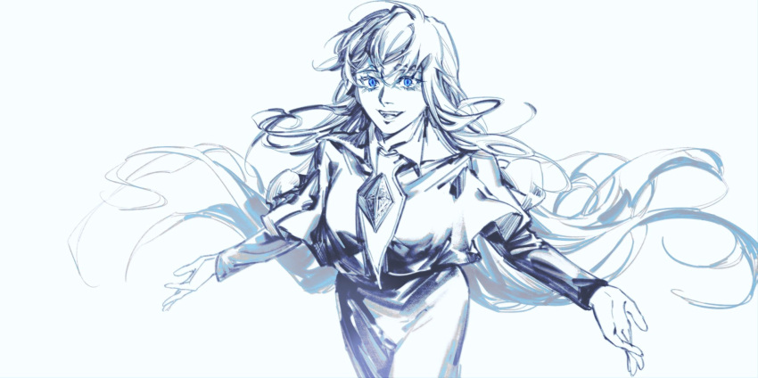 1girl, blue_eyes, blue_theme, breasts, capelet, collared_dress, dress, floating