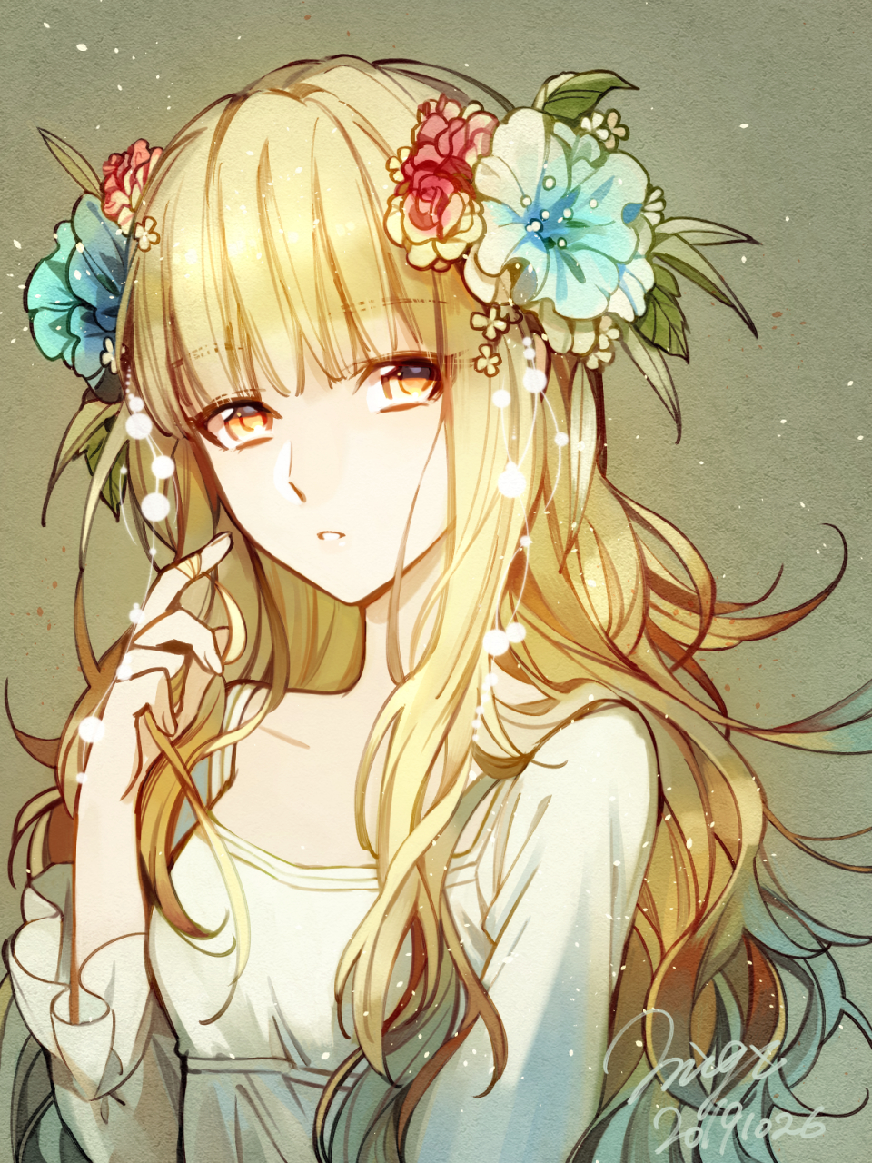 1girl, blonde_hair, blue_flower, breasts, commentary, dated, eyes_visible_through_hair, flower