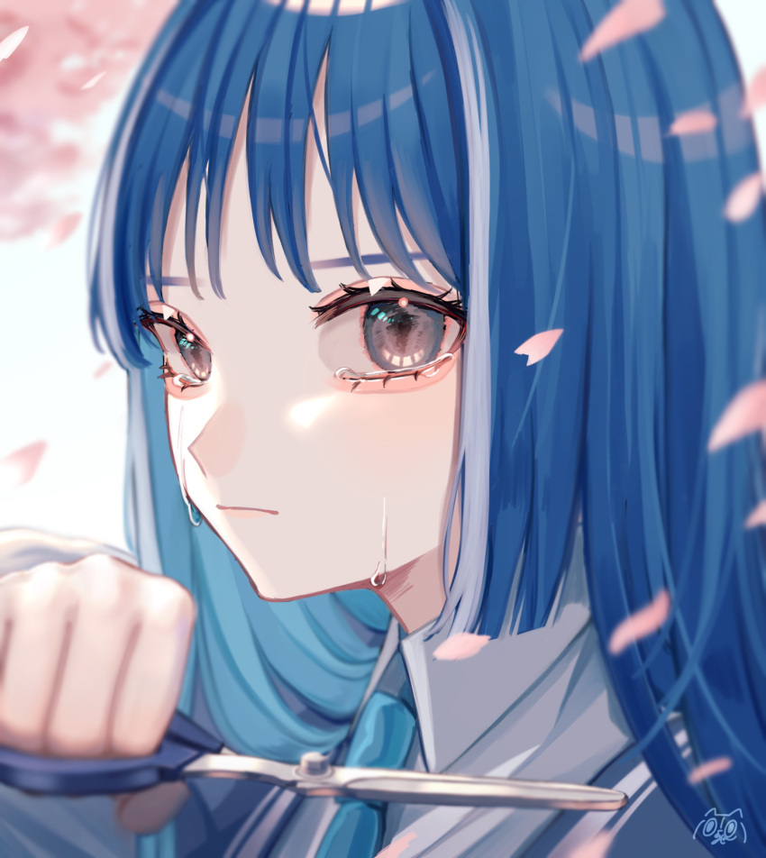 1girl, aegyo_sal, blue_hair, blue_necktie, blurry, cherry_blossoms, closed_mouth, collared_shirt