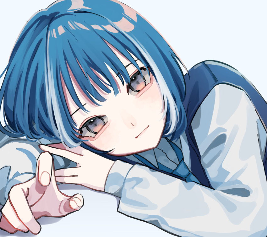 1girl, aegyo_sal, blue_hair, blue_necktie, blue_theme, collared_shirt, commentary_request, grey_eyes