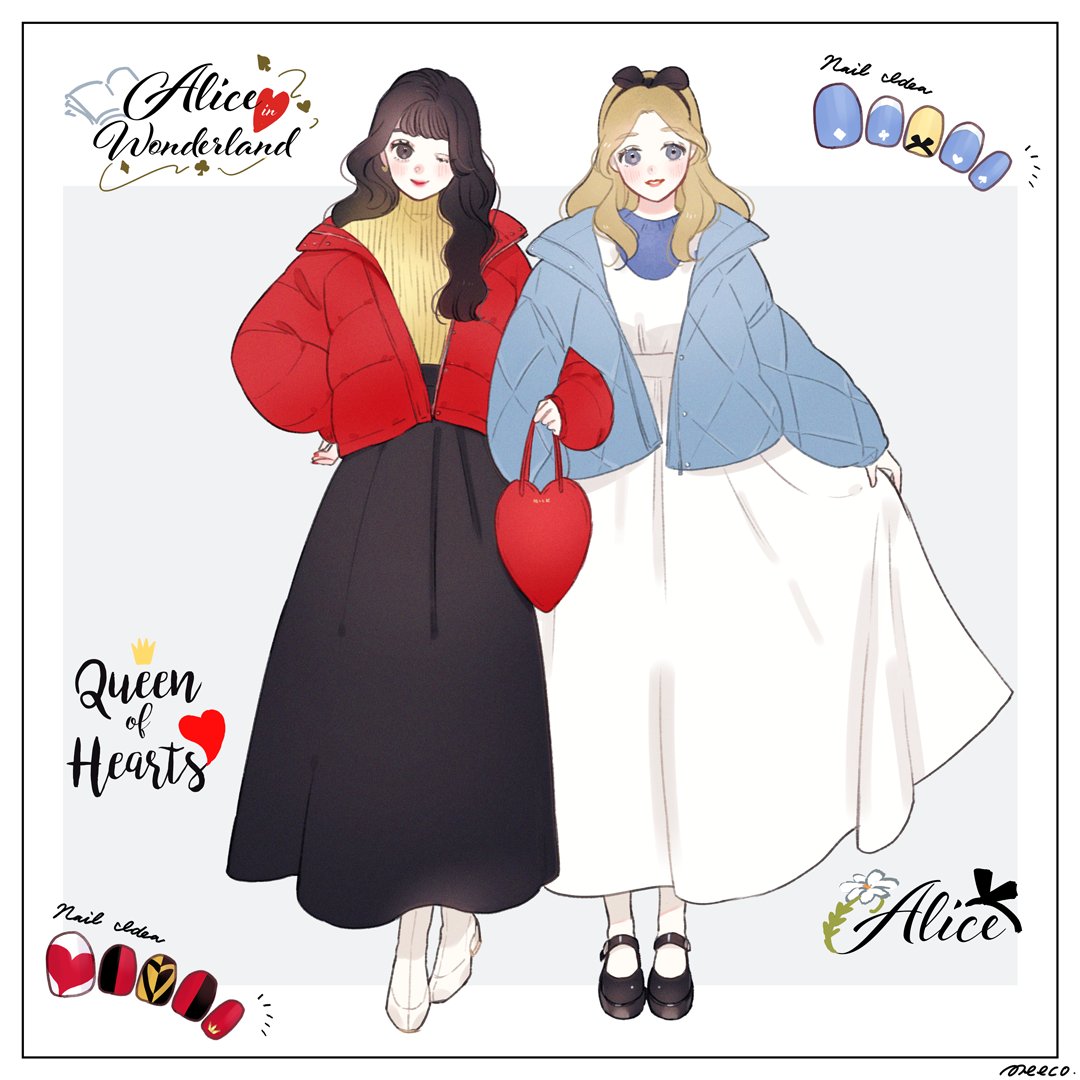 2girls, alice_(disney), alice_in_wonderland_(disney), alternate_costume, black_hair, blonde_hair, blue_dress, blue_eyes