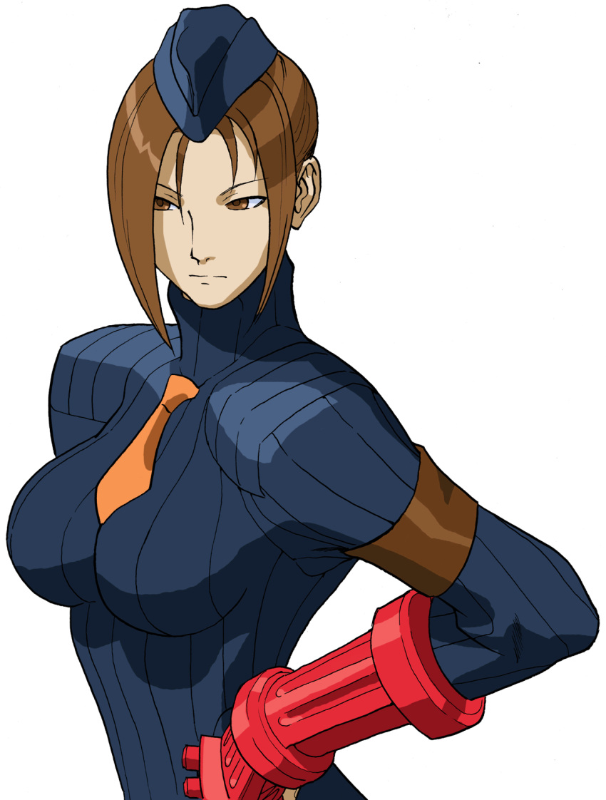 1girl, armband, bengus, breasts, brown_eyes, brown_hair, double-parted_bangs, game_cg, garrison_cap, hair_bun, hand_on_own_hip, hat, highres, juli_(street_fighter), large_breasts, leotard, long_hair, necktie, non-web_source, official_art, orange_necktie, parted_bangs, portrait, ribbed_leotard, shadaloo_dolls, sideways_glance, simple_background, single_hair_bun, sleeved_leotard, solo, street_fighter, street_fighter_zero_(series), upper_body, white_background