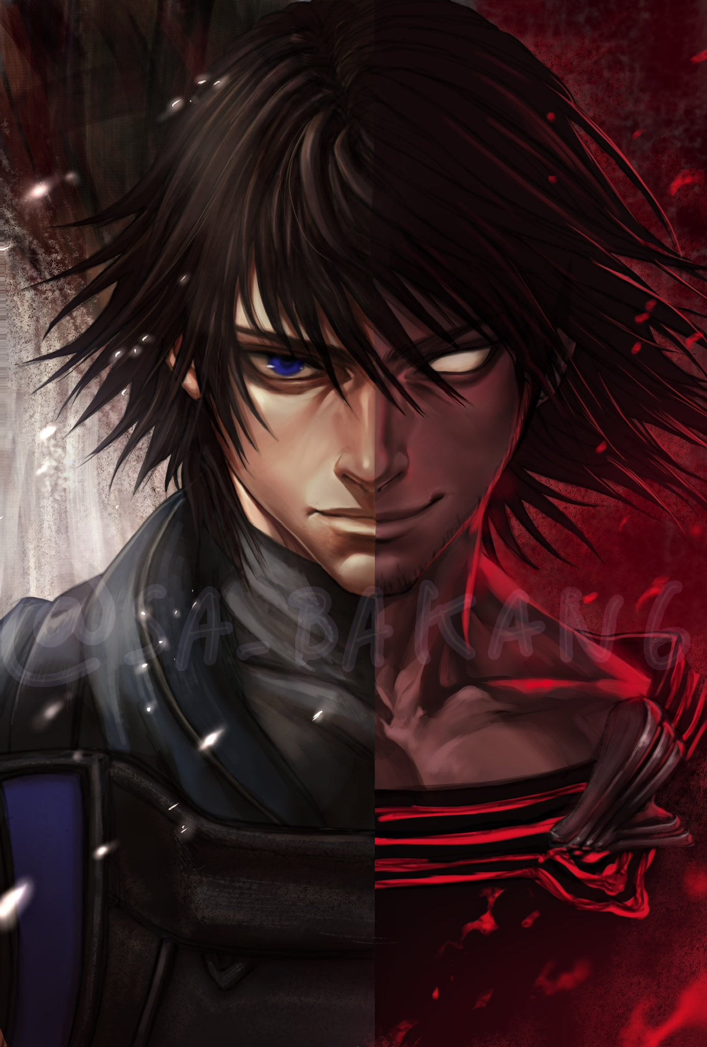 1boy, artist_name, black_hair, blank_eyes, blue_eyes, caim_(drag-on_dragoon), closed_mouth, collarbone