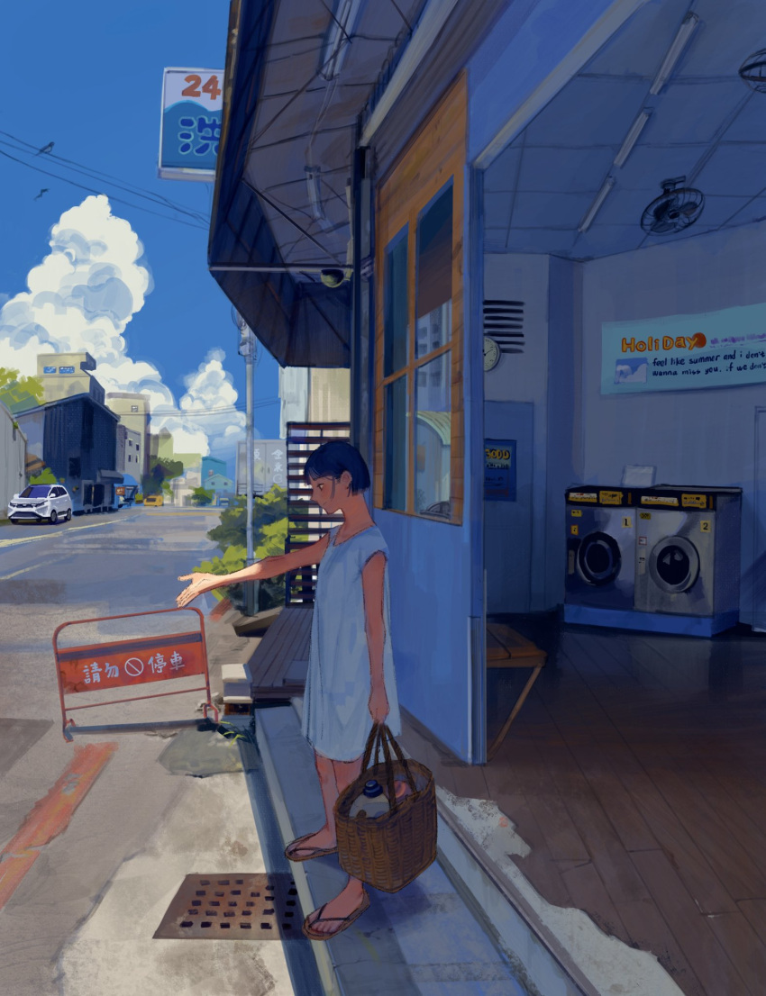1girl, amo_(amo_0514), analog_clock, arm_at_side, awning, basket, black_hair, blue_sky