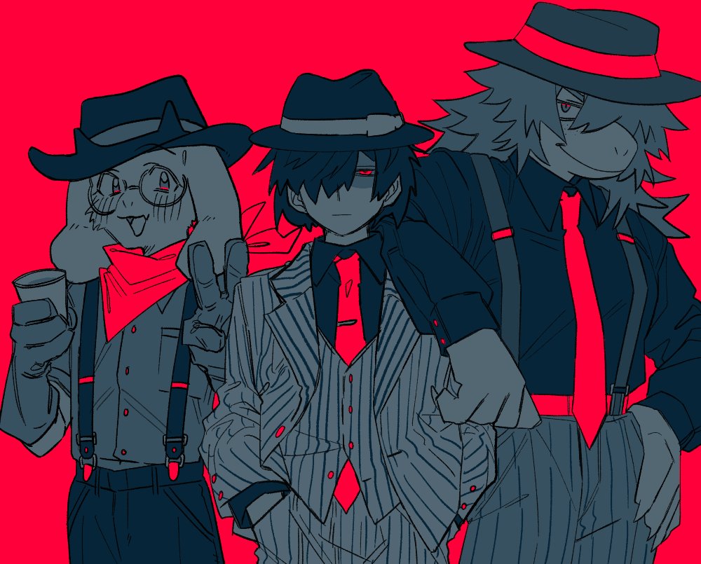 1boy, 1girl, 1other, arm_on_another's_shoulder, blush, closed_mouth, collared_shirt, cowboy_hat, cup, deltarune, dokusony83834, furry, furry_female, furry_male, glasses, gloves, hair_over_one_eye, hands_in_pockets, hat, holding, holding_cup, jacket, kris_(deltarune), limited_palette, long_sleeves, looking_at_viewer, necktie, open_clothes, open_jacket, pants, ralsei, red_background, shirt, simple_background, susie_(deltarune), suspenders, v, vest