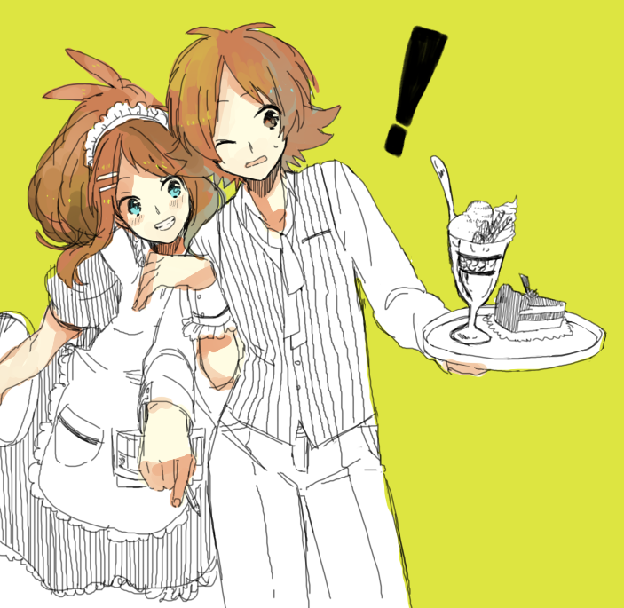 6927mukutuna, apron, cake, couple, food, grin, ice_cream, maid_headdress, pokemon, pokemon_(game), pokemon_black_and_white, pokemon_bw, short_hair, smile, sundae, touko_(pokemon), touya_(pokemon), tray, waiter, waitress