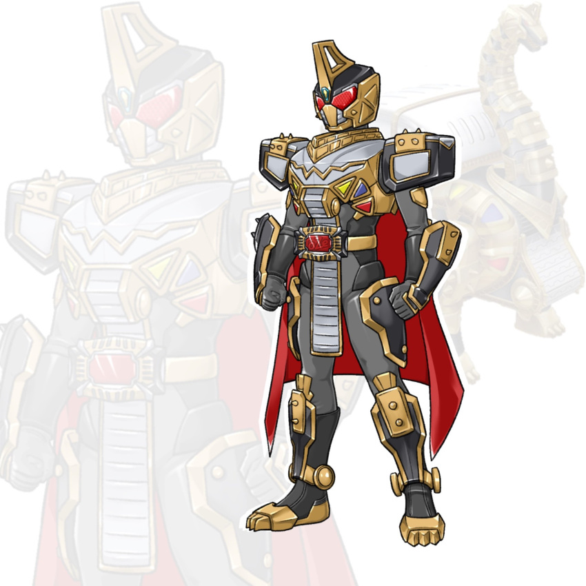 1boy, armor, bakuryuu_brachiosaurus, bakuryuu_sentai_abaranger, black_bodysuit, black_helmet, bodysuit, cape, clenched_hands, full_body, helmet, highres, kamen_rider, red_cape, red_eyes, super_sentai, to_ze, tokusatsu