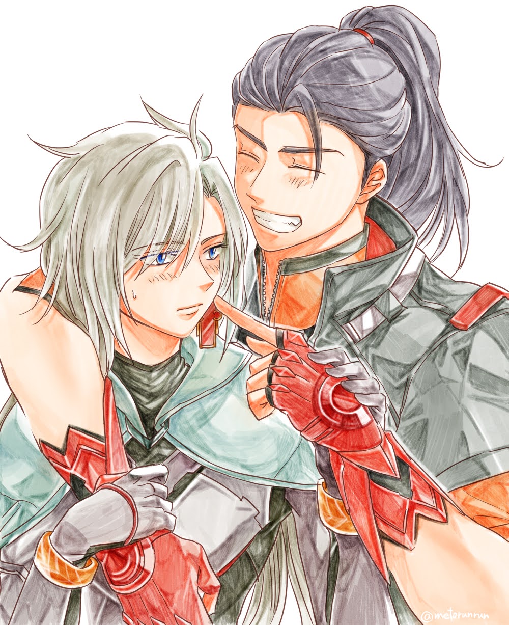 1boy, 1girl, a_(xenoblade), black_hair, blue_eyes, blush, closed_eyes, commentary_request