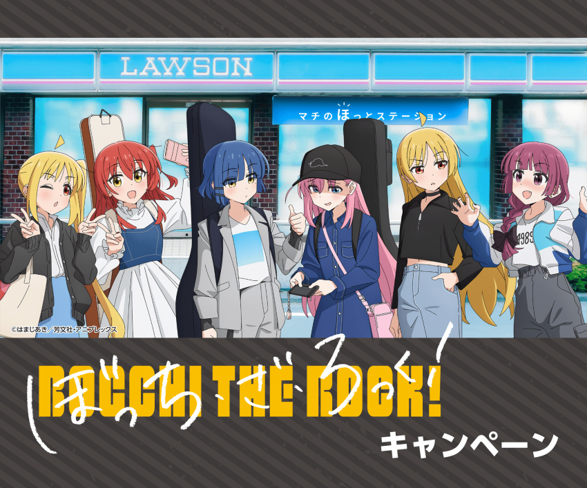 6+girls, ahoge, bag, baseball_cap, blue_eyes, blue_hair, bocchi_the_rock!, copyright_logo
