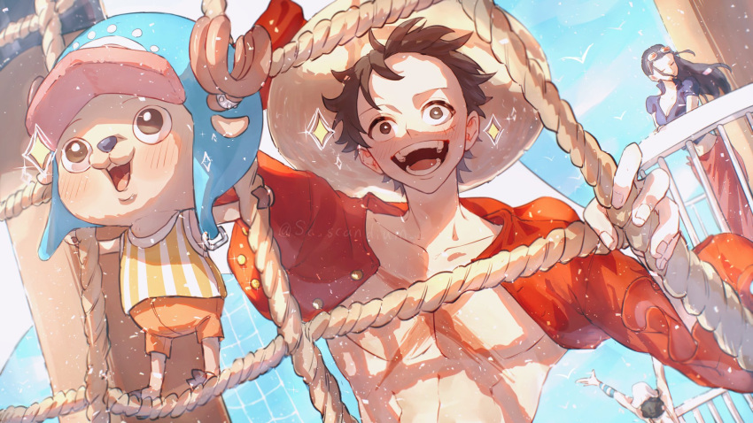 1girl, 3boys, antlers, arms_up, bird, black_hair, blue_sky, blush