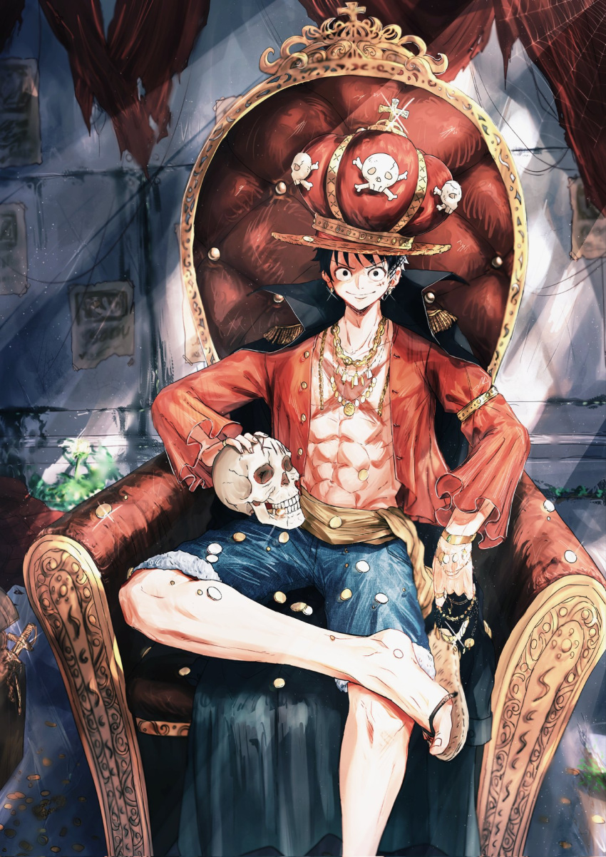 1boy, abs, black_hair, blue_shorts, coat, coat_on_shoulders, collared_coat, commentary_request