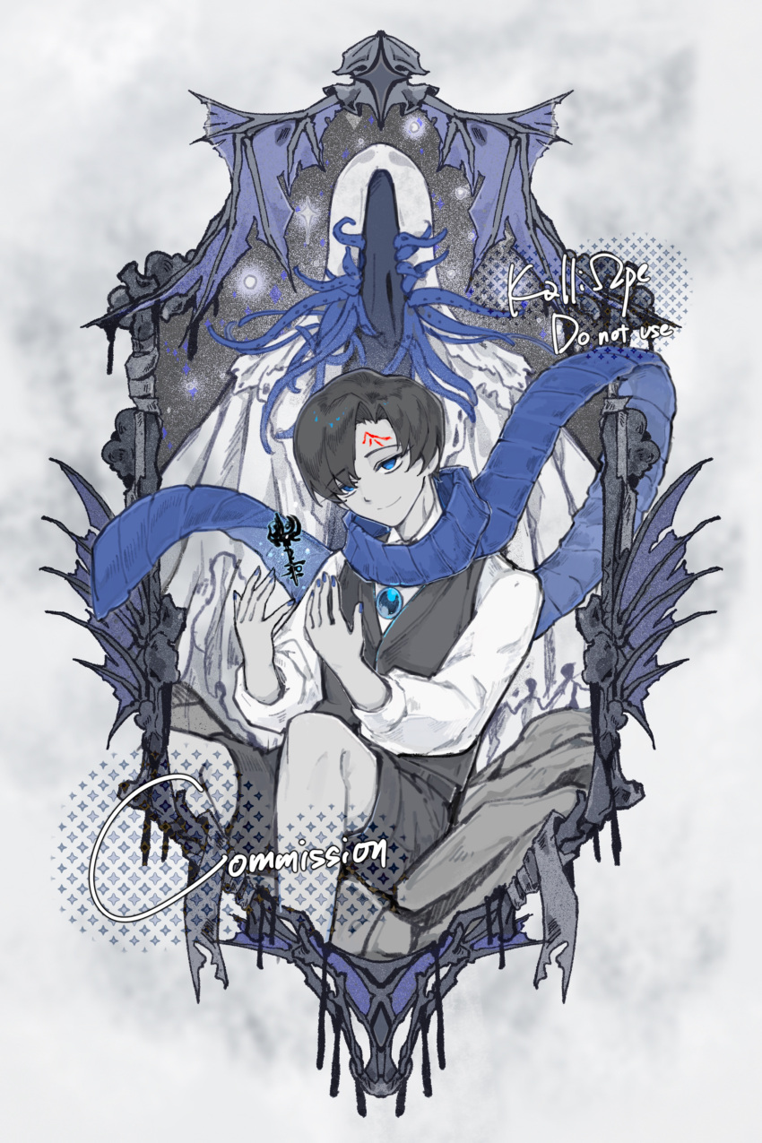 1boy, 1other, absurdres, black_hair, black_shorts, black_vest, blue_eyes, blue_nails