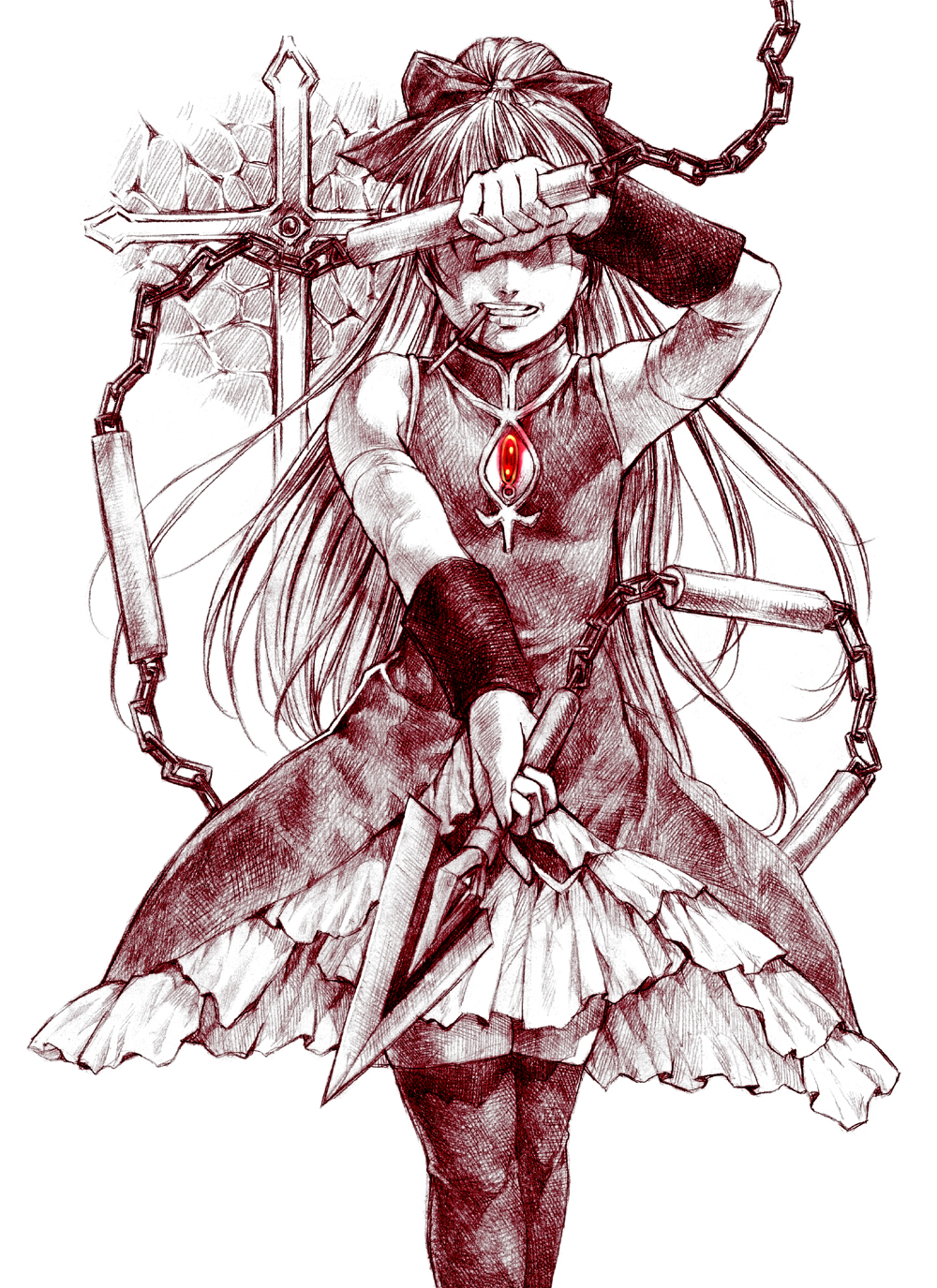 cross, graphite_(medium), hair_ribbon, highres, long_hair, magical_girl, mahou_shoujo_madoka_magica, mandeid