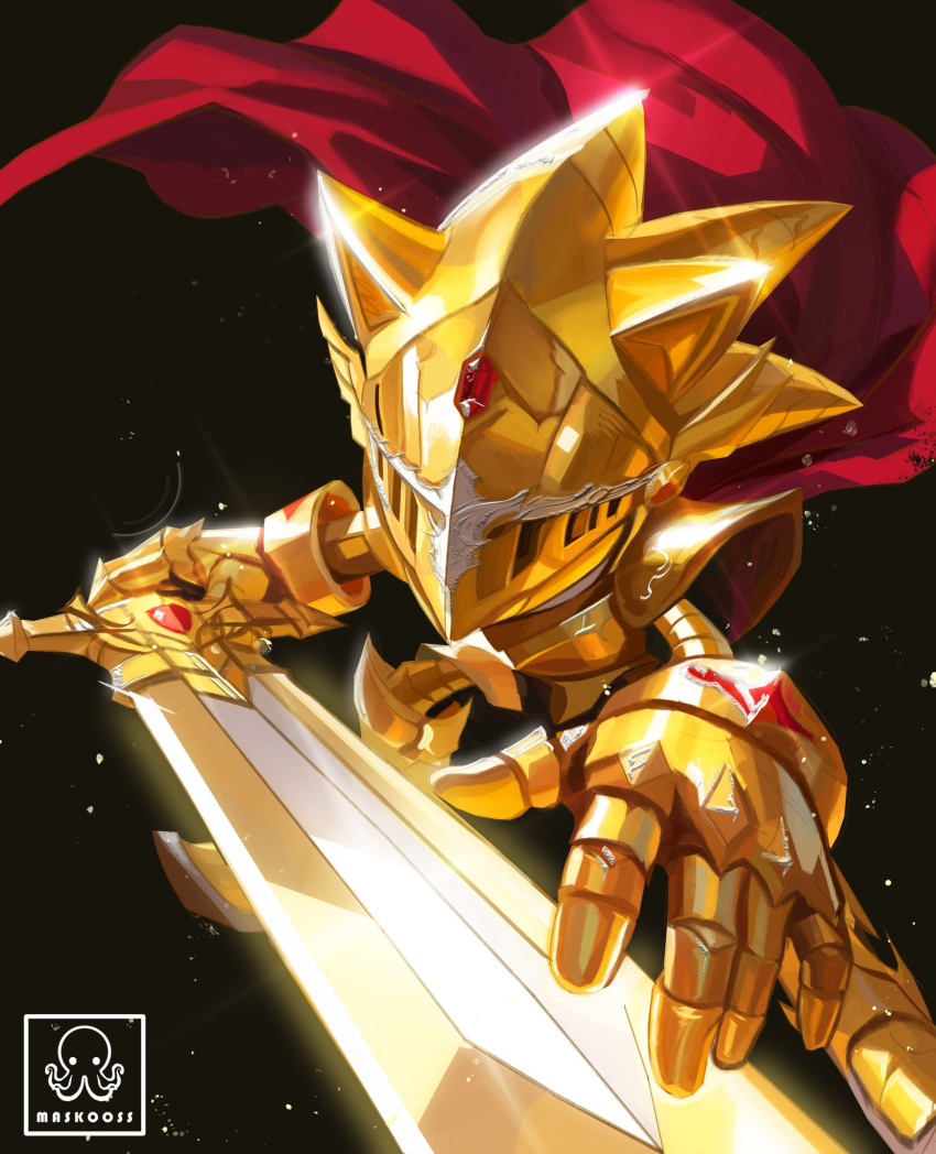 1boy, armor, black_background, caliburn_(sonic), cape, excalibur_(sonic), excalibur_sonic, full_armor
