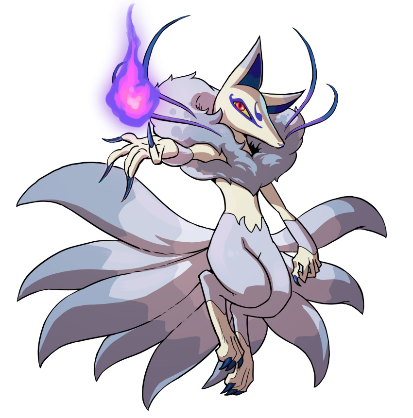 absurdres, blue_nails, colored_sclera, fingernails, fire, fox_tail, full_body, grey_fur