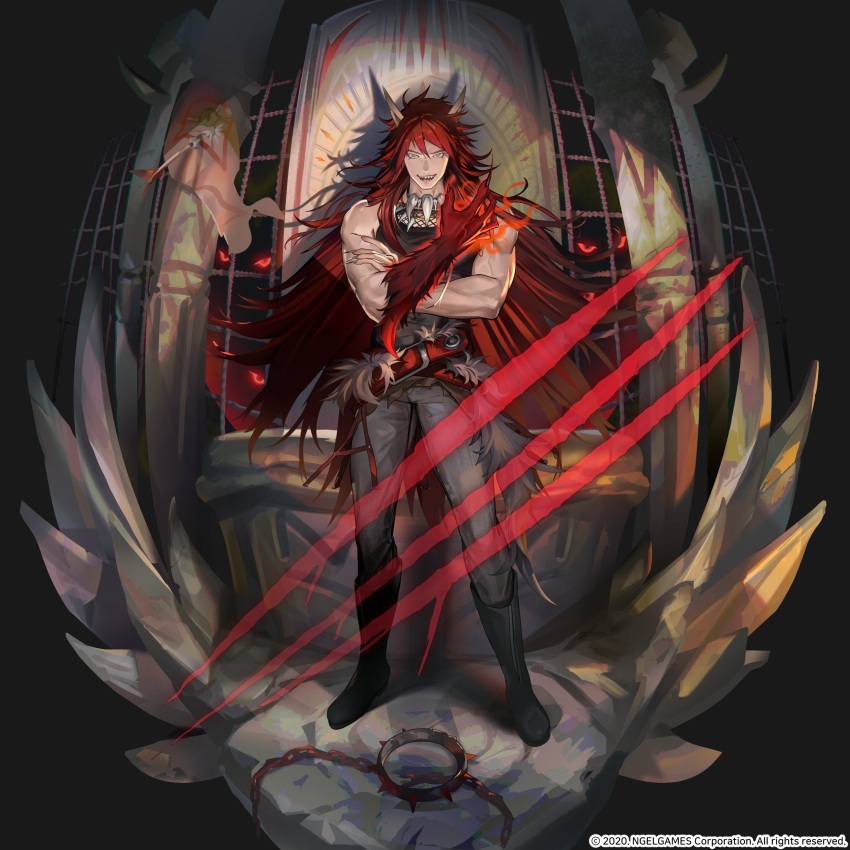 absurdres, animal_collar, animal_ears, animal_hands, arrow_(projectile), baylord_yama, belt, biceps, black_boots, black_shirt, blood, blood_on_ground, body_fur, boots, chain, claw_mark, claws, collar, collarbone, colored_extremities, dog_ears, fingernails, full_body, game_cg, hand_up, hero_cantare, highres, jewelry, lap_pillow, leenim, long_hair, looking_at_viewer, muscular, necklace, official_art, red_belt, red_eyes, red_fur, red_hair, shadow, sharp_fingernails, sharp_teeth, shirt, smile, solo, spiked_collar, spikes, standing, staring, teeth, tooth_necklace, tower_of_god, yellow_eyes