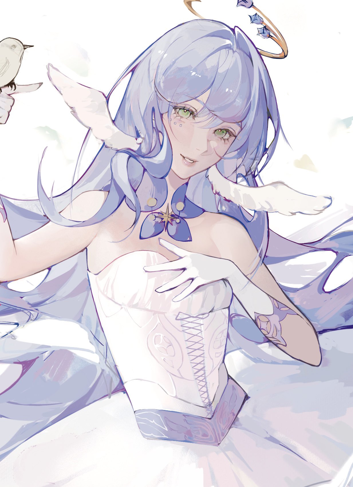1girl, alternate_costume, ballerina, bare_shoulders, bird, bird_on_hand, collar, dress, earrings, eight-pointed_star, face_jewel, gloves, gold_halo, green_eyes, hand_on_own_chest, head_wings, highres, honkai:_star_rail, honkai_(series), jewelry, long_hair, looking_at_viewer, pearl_earrings, purple_collar, robin_(honkai:_star_rail), smile, strapless, strapless_dress, sumi_(suumiko_), tutu, unfinished, upper_body, white_background, white_gloves, white_wings, wings