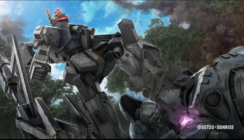 after_battle, assault_visor, beam_rifle, blue_sky, clenched_hand, clouds, company_name, copyright_notice, damaged, dirty, energy_gun, gm_(mobile_suit), gm_night_seeker, gundam, gundam_battle_operation_2, gundam_msv, machinery, mecha, mecha_focus, mobile_suit, no_humans, official_art, painting_(medium), radio_antenna, realistic, red_visor, robot, scan, science_fiction, sky, stomping, sunrise_(company), tenjin_hidetaka, traditional_media, tree, weapon, wreckage, z'gok-e
