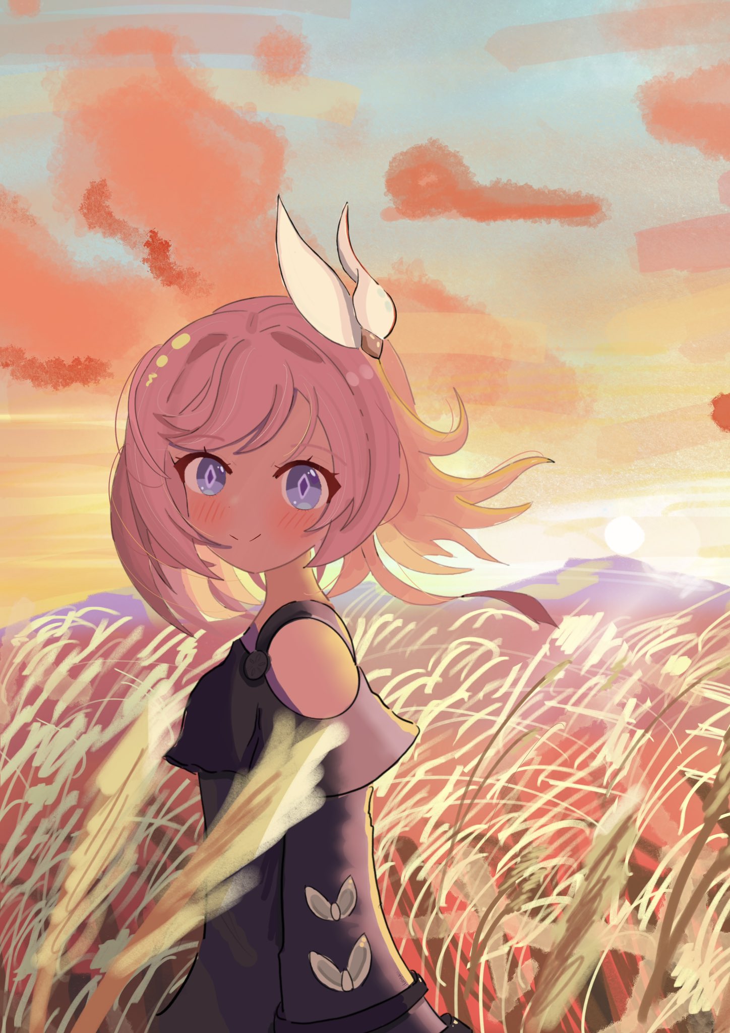 1girl, blue_eyes, coat, commentary, cyrene_(honkai:_star_rail), diamond-shaped_pupils, diamond_(shape), english_commentary, gradient_sky, hanyumpuu, highres, honkai:_star_rail, honkai_(series), looking_at_viewer, outdoors, pink_hair, purple_coat, short_hair, sky, smile, solo, sunset, symbol-shaped_pupils, wheat_field
