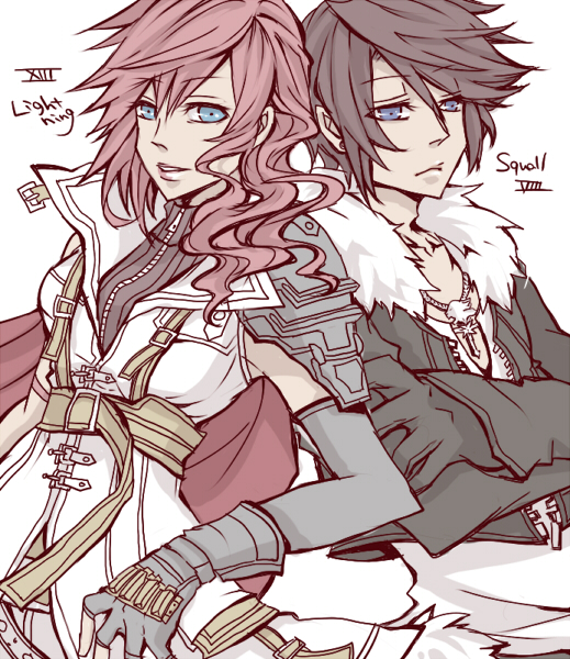 back-to-back, back_to_back, blue_eyes, brown_hair, dissidia_012_final_fantasy, dissidia_final_fantasy, final_fantasy, final_fantasy_viii, final_fantasy_xiii, fingerless_gloves, gloves, keika, lightning_farron, long_hair, pink_hair, squall_leonhart