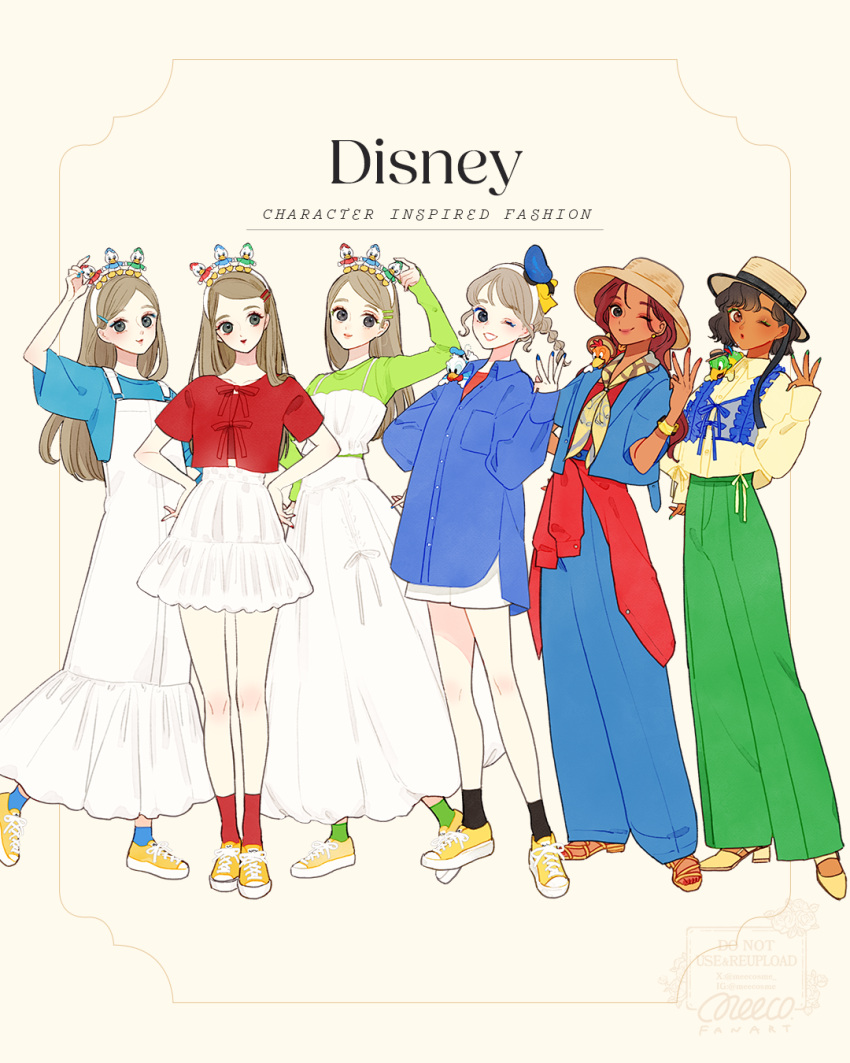 6+girls, animification, dewey_duck, donald_duck, dress, genderswap, hat, highres