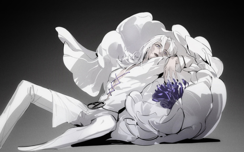 1boy, androgynous, arm_up, closed_mouth, commentary_request, cross-laced_clothes, eyelashes, fandangyu