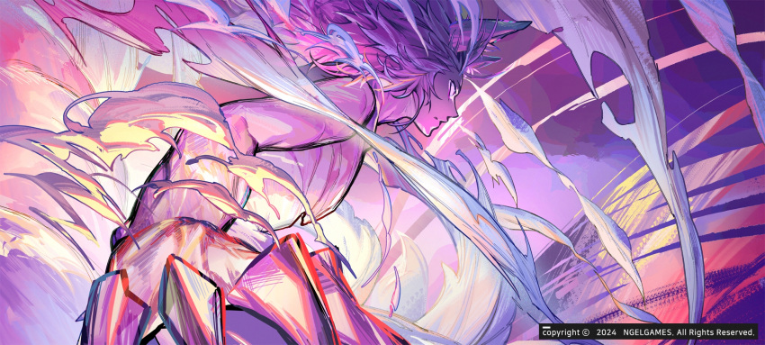 1boy, animal_ears, arm_at_side, cat_boy, cat_ears, claws, closed_mouth, colored_extremities, energy, floating, floating_hair, game_cg, glowing, highres, lo_po_bia_yasratcha, long_hair, looking_at_another, official_art, purple_theme, solo, tower_of_god, tower_of_god:_great_journey, transformation, wind, yaga