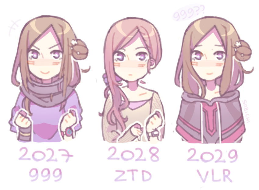 +++, 1girl, 2027, 2028, 2029, black_robe, black_scarf, blush, bright_pupils, brown_hair, clenched_hand, closed_mouth, commentary, copyright_name, english_commentary, eyelashes, hair_ornament, hands_up, kurashiki_akane, kyokugen_dasshutsu, kyokugen_dasshutsu:_9_jikan_9_nin_9_no_tobira, kyokugen_dasshutsu_adv:_zennin_shibou_desu, long_hair, multiple_persona, outline, robe, sabichi, scarf, side_ponytail, simple_background, smile, spoilers, third-party_source, upper_body, v-shaped_eyebrows, violet_eyes, watch, watch, white_background, white_outline, white_pupils, zero_escape:_toki_no_dilemma