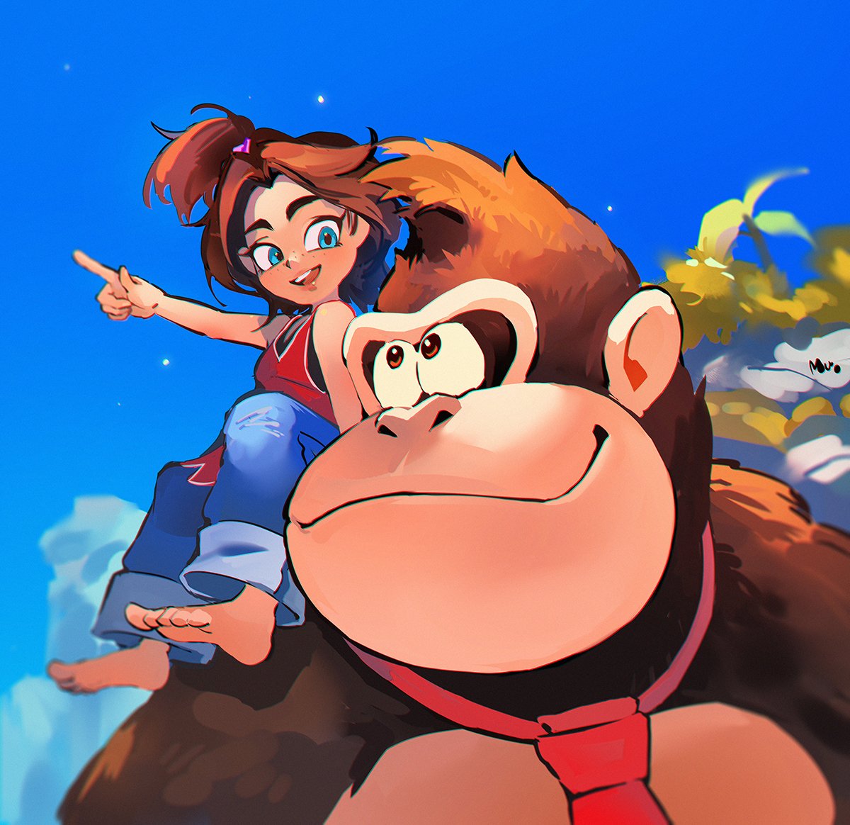 1boy, 1girl, blue_background, blue_eyes, blue_pants, brown_eyes, brown_fur, brown_hair, commentary_request, donkey_kong, donkey_kong_(series), donkey_kong_bananza, looking_at_another, mu_(mu_963), open_mouth, pants, pauline_(mario), pauline_(young)_(mario), pointing, simple_background, smile, teeth, upper_teeth_only