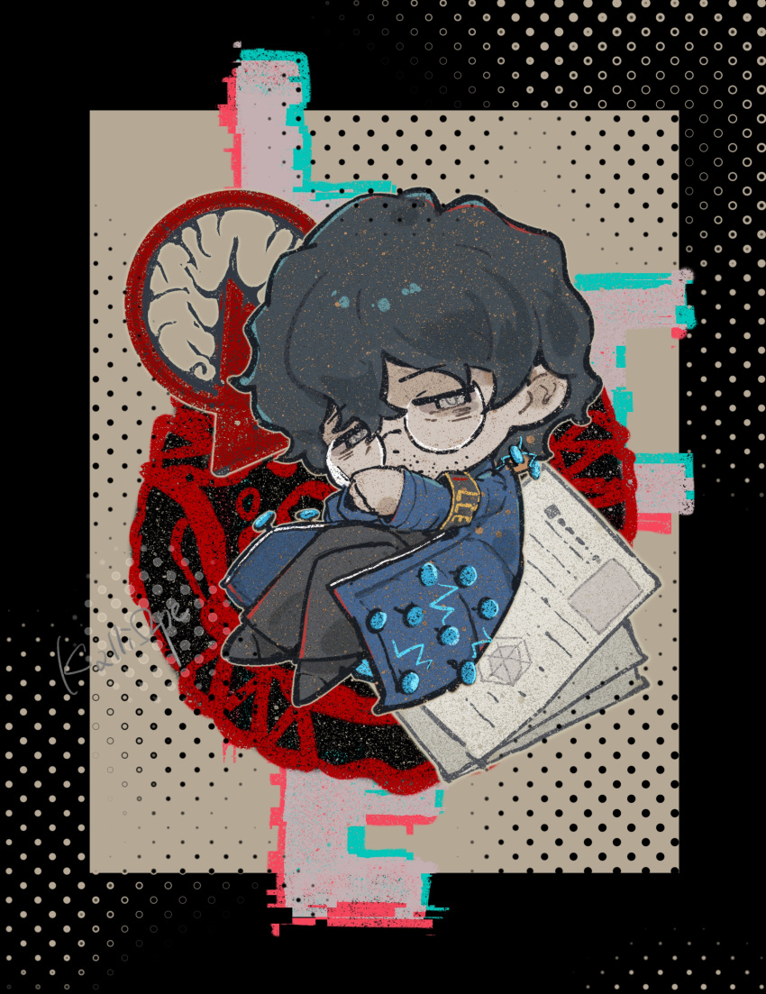 1boy, 1other, absurdres, apocalypse_bird, armband, bags_under_eyes, black_armband, black_border