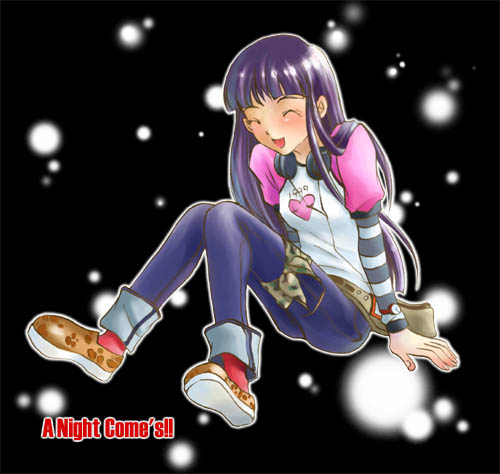 1999, 1girl, 2000s_(style), bad_id, black_background, blue_pants, blunt_bangs, brown_shoes