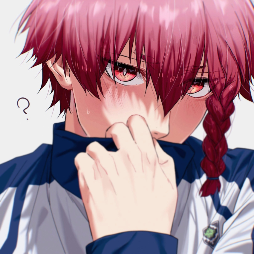 1boy, ?, bl_111252, blue_lock, blush, braid, covering_own_mouth, grey_background