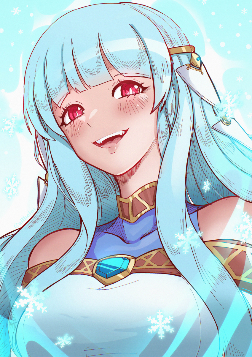 1girl, :d, absurdres, ailheim, aqua_hair, blue_dress, blunt_bangs, dress