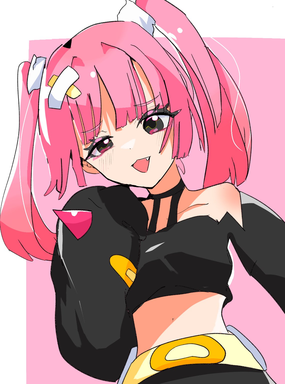 1girl, :d, bandaid, bandaid_hair_ornament, black_eyes, black_shirt, blunt_bangs, coral_(pokemon), cropped_shirt, eyelashes, fang, hair_ornament, half-closed_eye, highres, long_sleeves, midriff, pink_background, pink_hair, piyo_(toripoke710), pokemon, pokemon_(anime), pokemon_horizons, shirt, sleeves_past_fingers, sleeves_past_wrists, smile, solo, twintails, upper_body