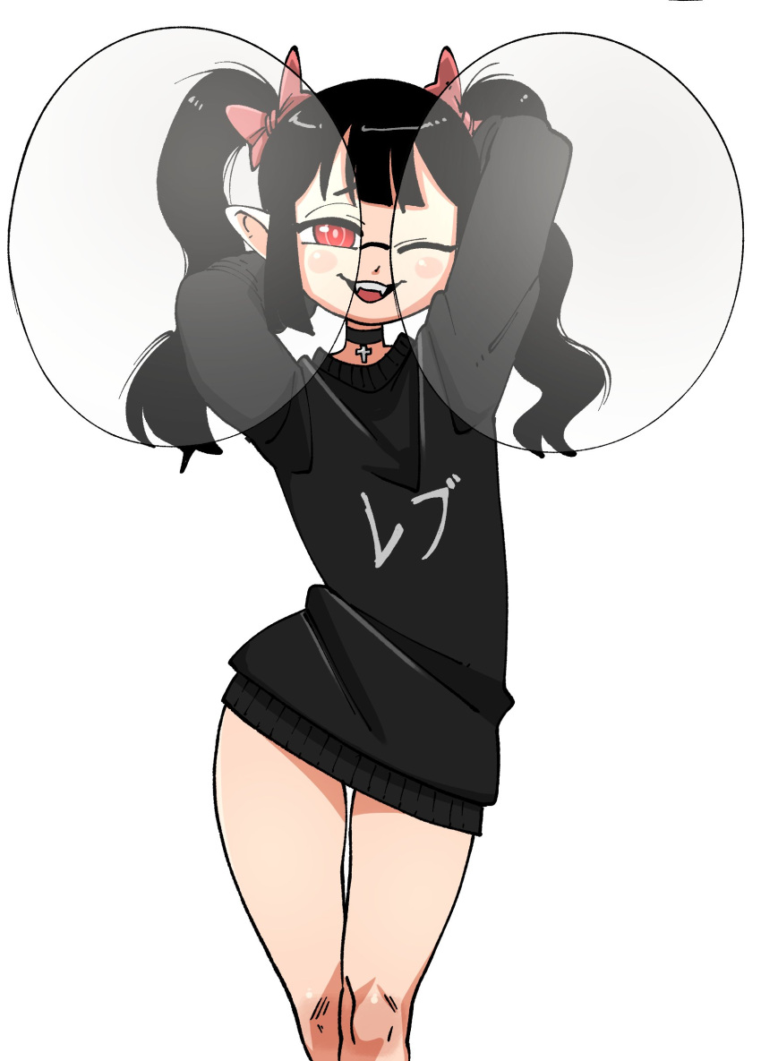 1girl, :3, absurdres, arms_behind_head, arms_up, black-framed_eyewear, black_choker, black_hair