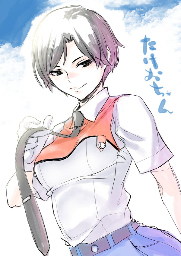 1girl, belt, black_hair, black_necktie, breasts, closed_mouth, clouds, kidou_keisatsu_patlabor