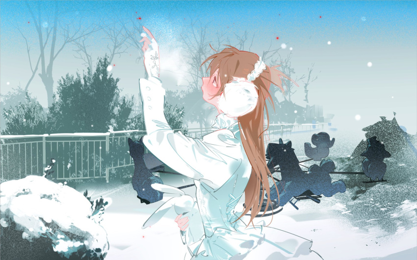 1girl, alternate_costume, arm_up, bare_tree, bush, carousel, closed_mouth, commentary, cowboy_shot, dress, earmuffs, fandangyu, frilled_dress, frills, gloves, highres, holding, holding_stuffed_toy, long_hair, long_sleeves, looking_up, neon_genesis_evangelion, orange_hair, outdoors, profile, railing, snow, snowing, solo, souryuu_asuka_langley, stuffed_animal, stuffed_rabbit, stuffed_toy, tree, white_dress, white_gloves, winter