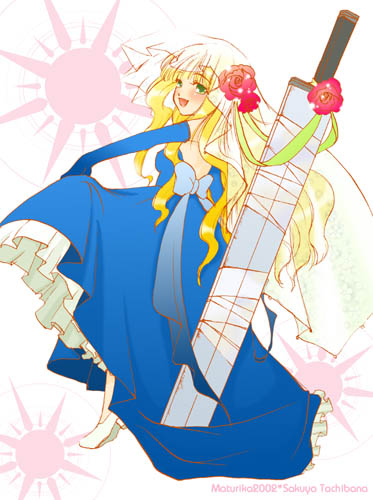 1girl, 2000s_(style), 2002, artist_name, back_bow, bad_id, blonde_hair, blue_bow