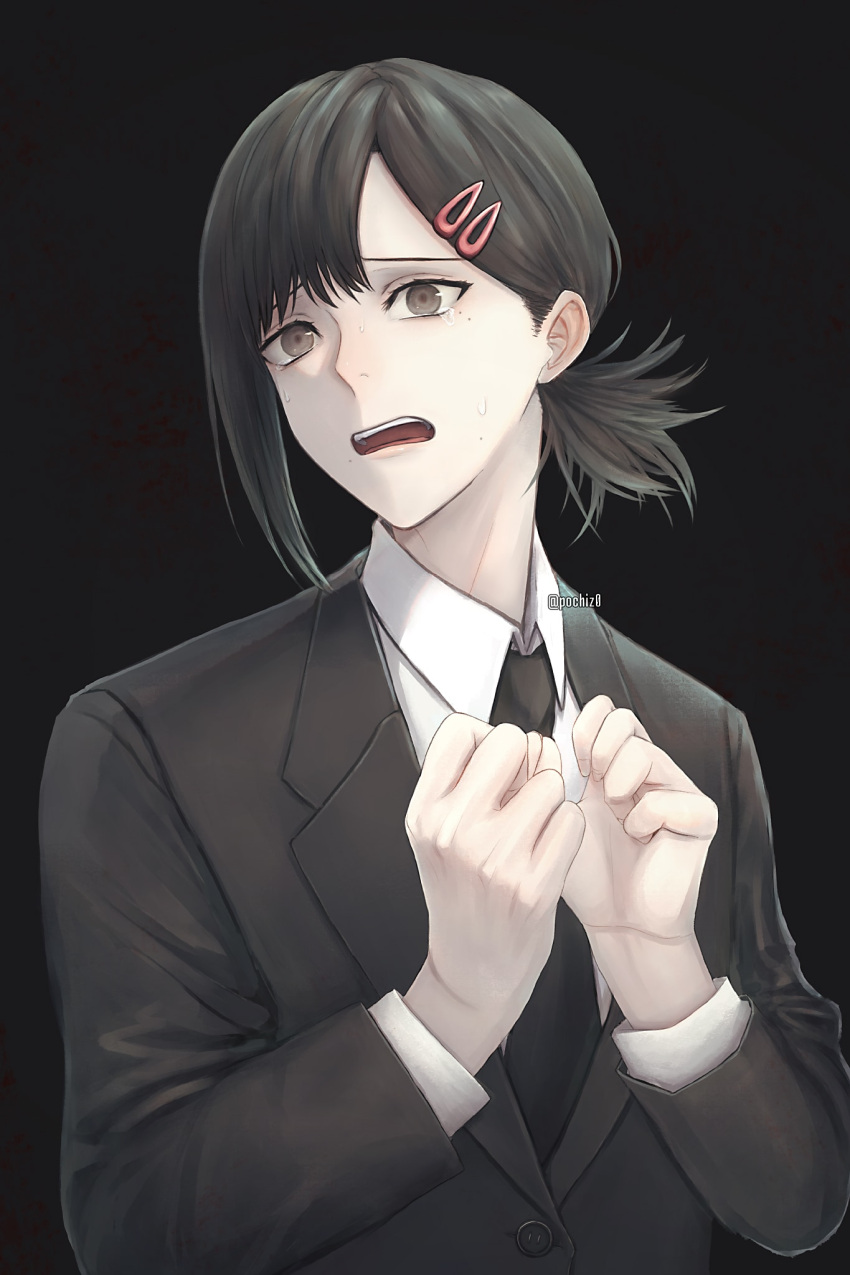 1girl, black_background, black_hair, black_necktie, chainsaw_man, collared_shirt, hair_ornament, hairclip
