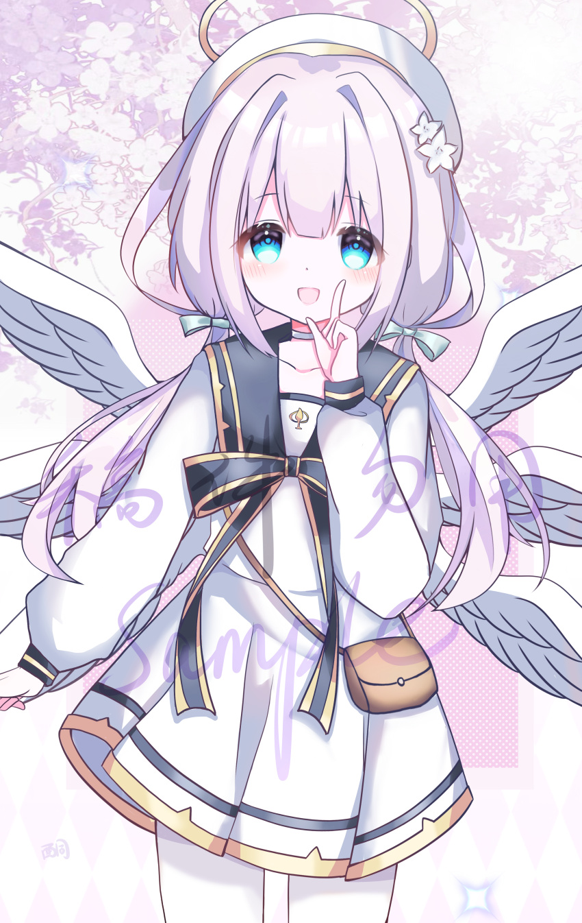 absurdres, angel, angel_wings, blue_eyes, blush, bow, cowboy_shot, dress