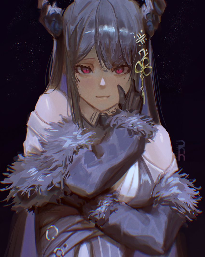 1girl, absurdres, black_background, black_gloves, black_hair, black_horns, black_sleeves, black_vest