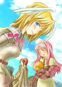 2000s_(style), 3girls, acolyte_(ragnarok_online), armor, bad_id, blonde_hair, blue_eyes, blue_sky