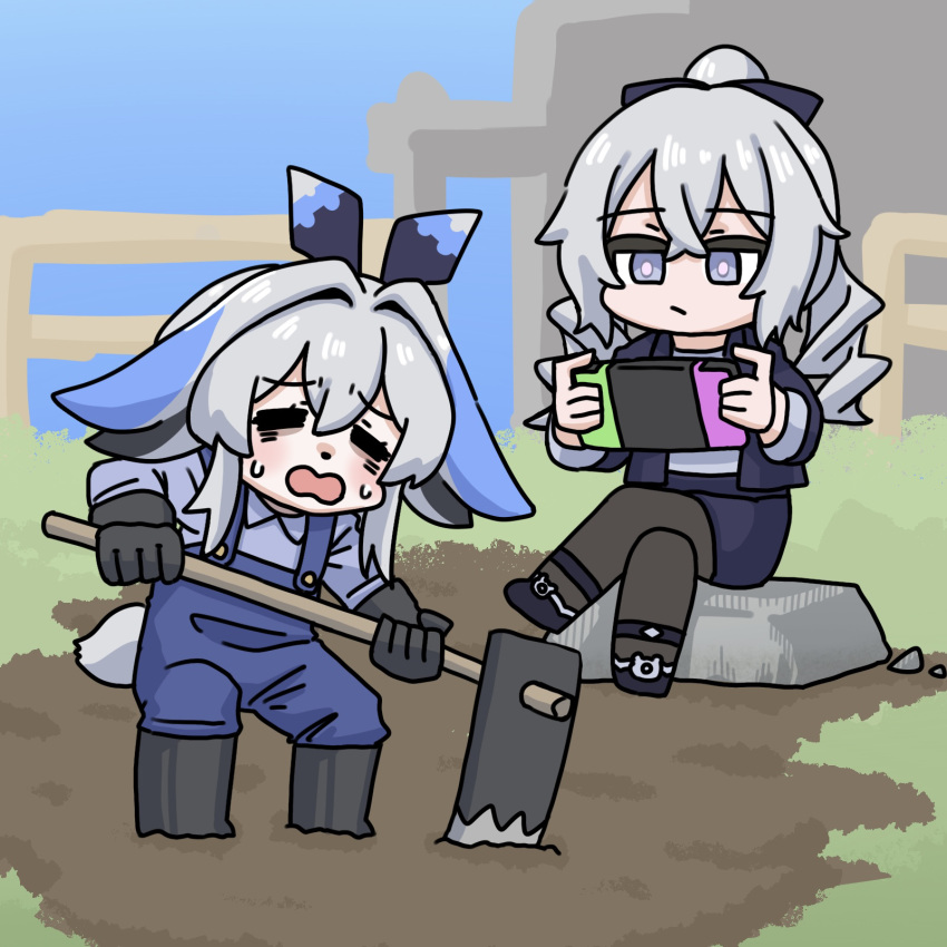 2girls, bags_under_eyes, black_boots, black_bow, black_gloves, black_jacket, black_pantyhose, black_shoes