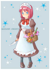 1girl, 2000s_(style), apron, bad_id, basket, black_pantyhose, blue_background, blue_eyes