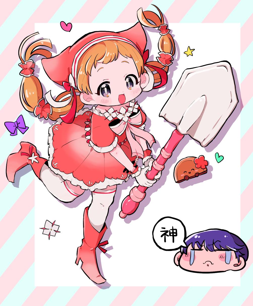 1boy, 1girl, :d, blue_hair, blunt_ends, blush_stickers, boots, bright_pupils