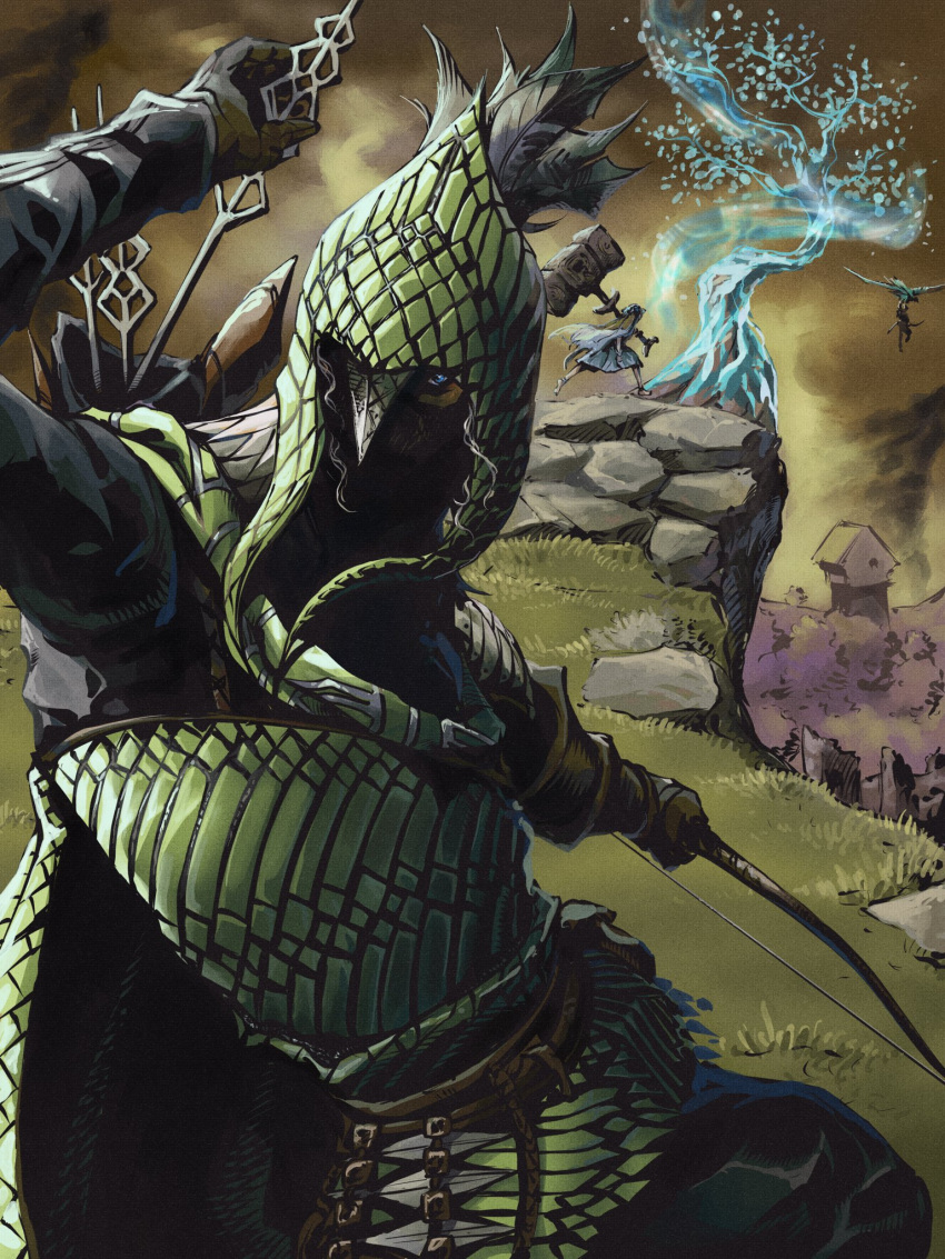 3others, ark_nemesis, armor, arrow_(projectile), bird, blue_cape, blue_eyes, bow_(weapon), cape, character_request, elden_ring, elden_ring_nightreign, english_commentary, gigant_hammer, gloves, green_armor, hammer, helmet, highres, holding, holding_bow_(weapon), holding_hammer, holding_weapon, multiple_others, solo_focus, tree, weapon