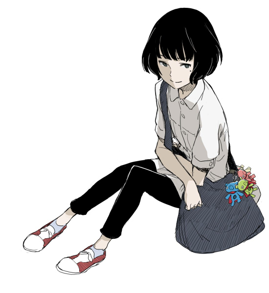 akashi_(yojouhan), bag, black_eyes, black_hair, leggings, minato_fumi, mole, short_hair