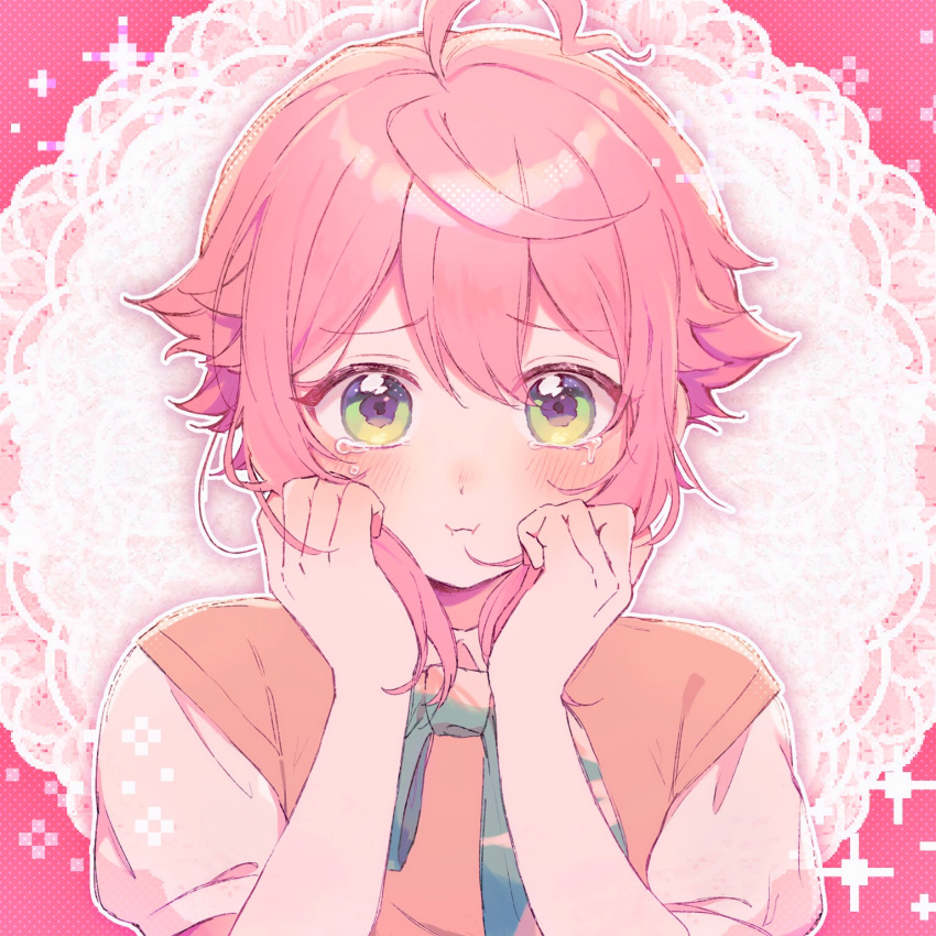 1boy, :i, ahoge, aqua_ribbon, blush, bunching_hair, c54chu0113, cowlick