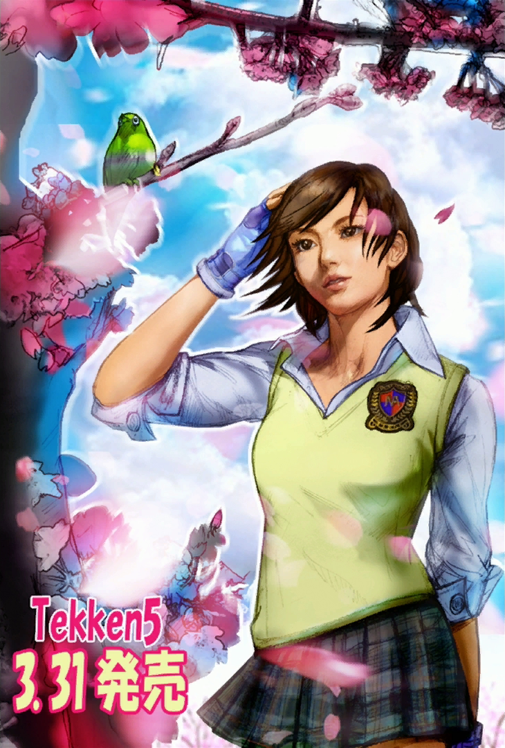 1girl, arm_behind_back, arm_behind_leg, bird, blue_gloves, blue_sky, cherry_blossoms, fingerless_gloves