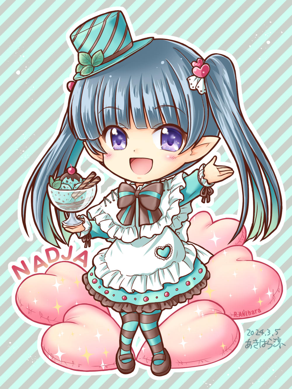 1girl, akihara_ryou, apron, artist_name, black_hair, black_ribbon, chibi, cushion
